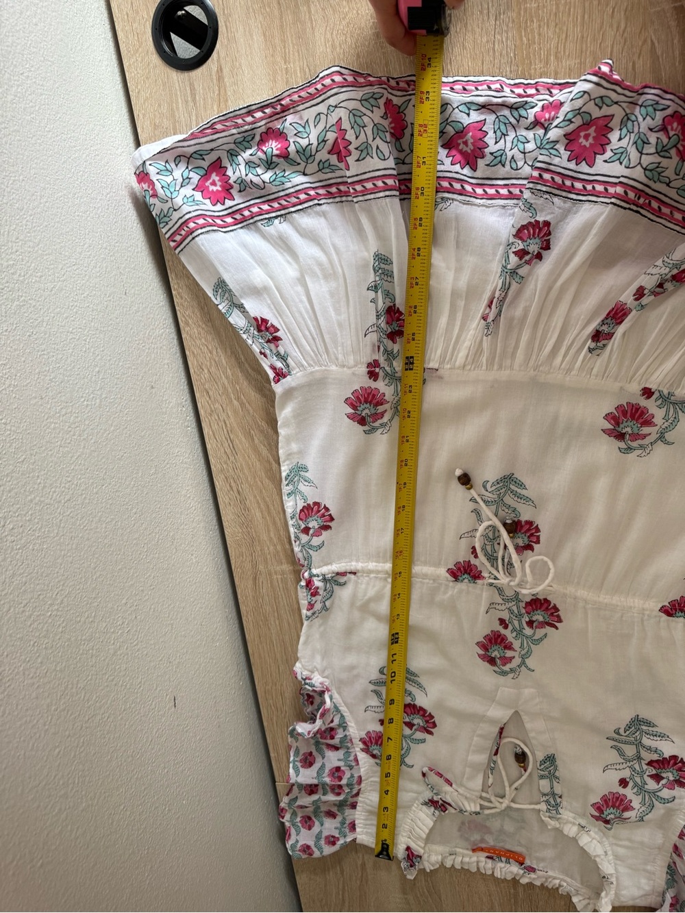 Oliphant Cinched Flirty mini dress cotton voile white pink floral Sz L - Picture 11 of 12